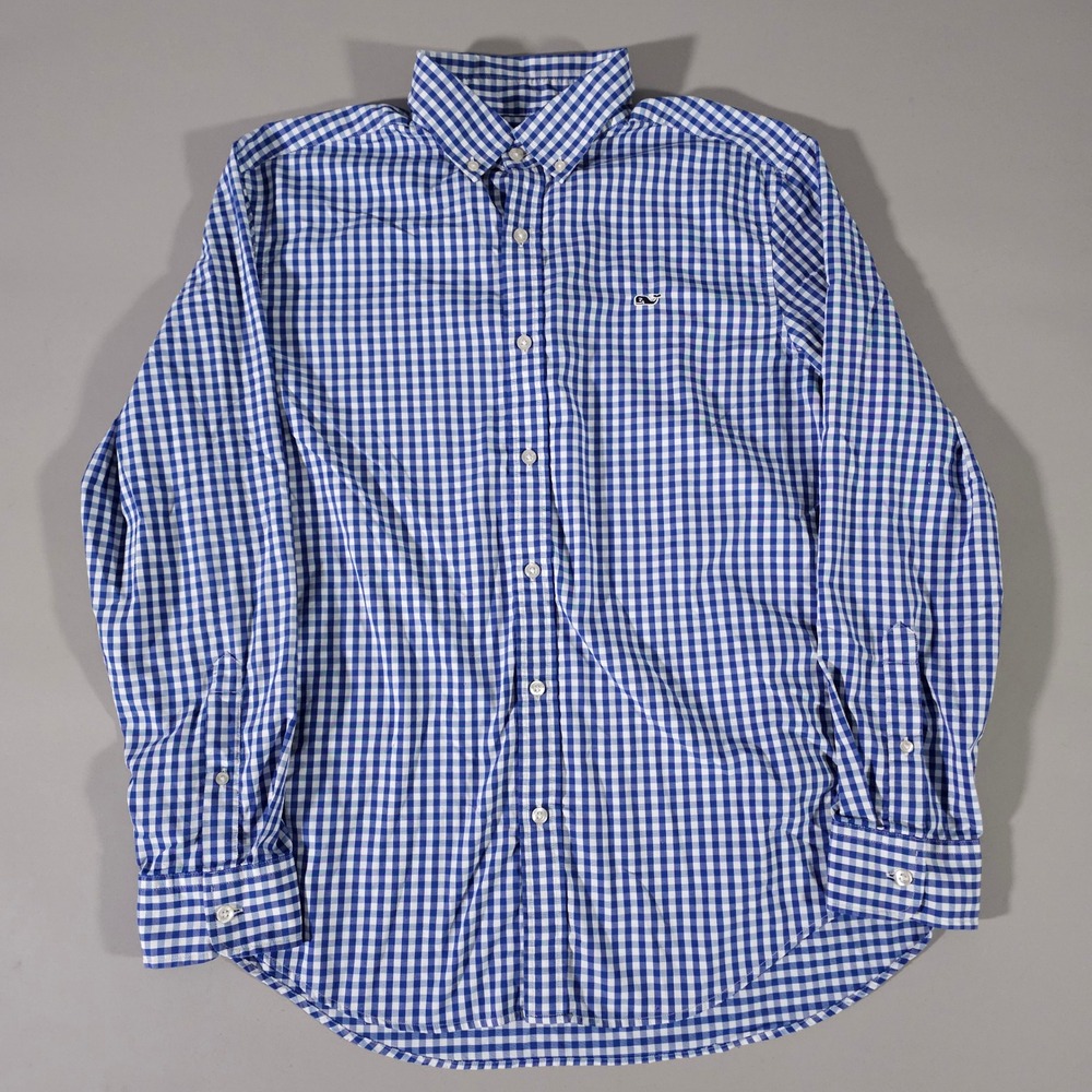 Vineyard Vines Button Down Mens Large Blue Gingham Whale Shirt Performance